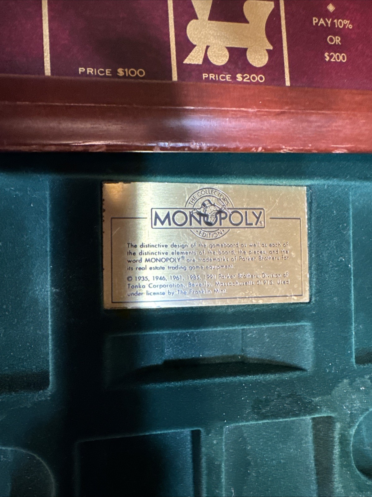 Monopoly Collector’s Edition Franklin Mint Wood Game Board w/ Standard Pieces