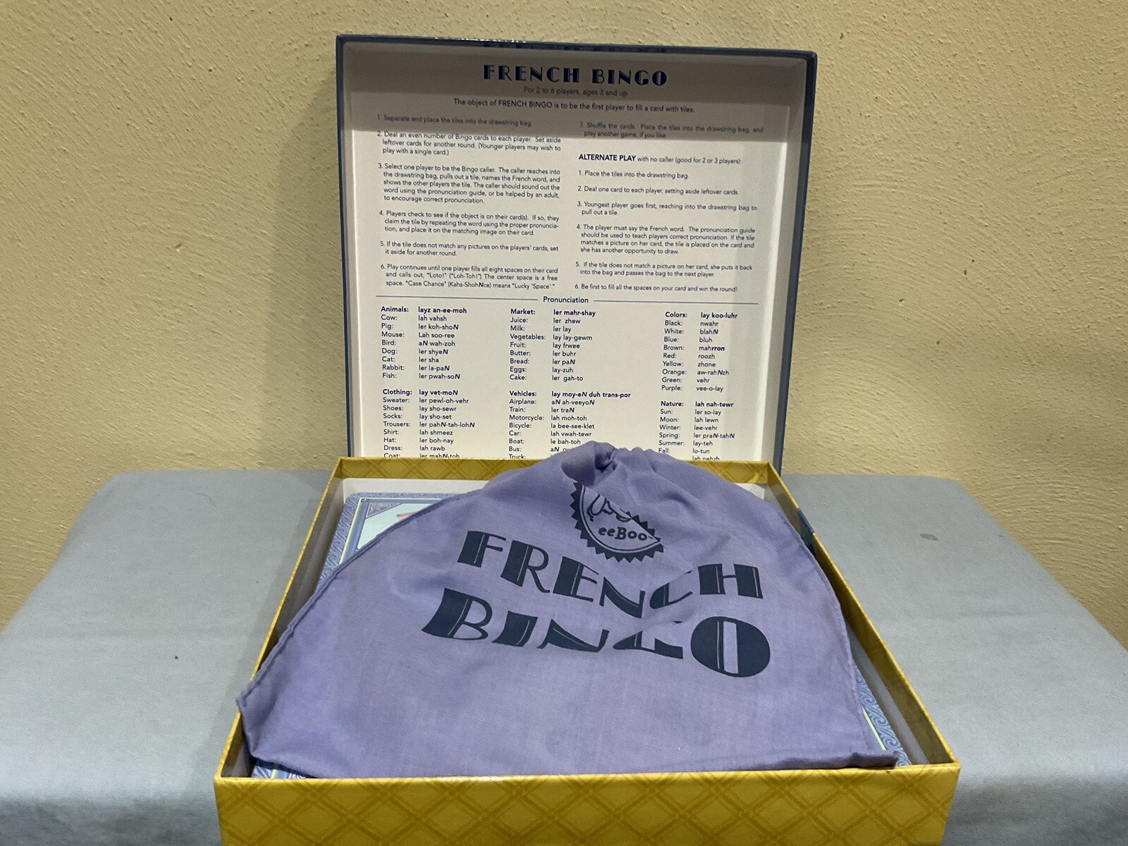 VTG. 2007 EEBOO FRENCH BINGO LOTTO EDUCATIONAL GAME, 3 YEARS PLUS, HOMESCHOOL