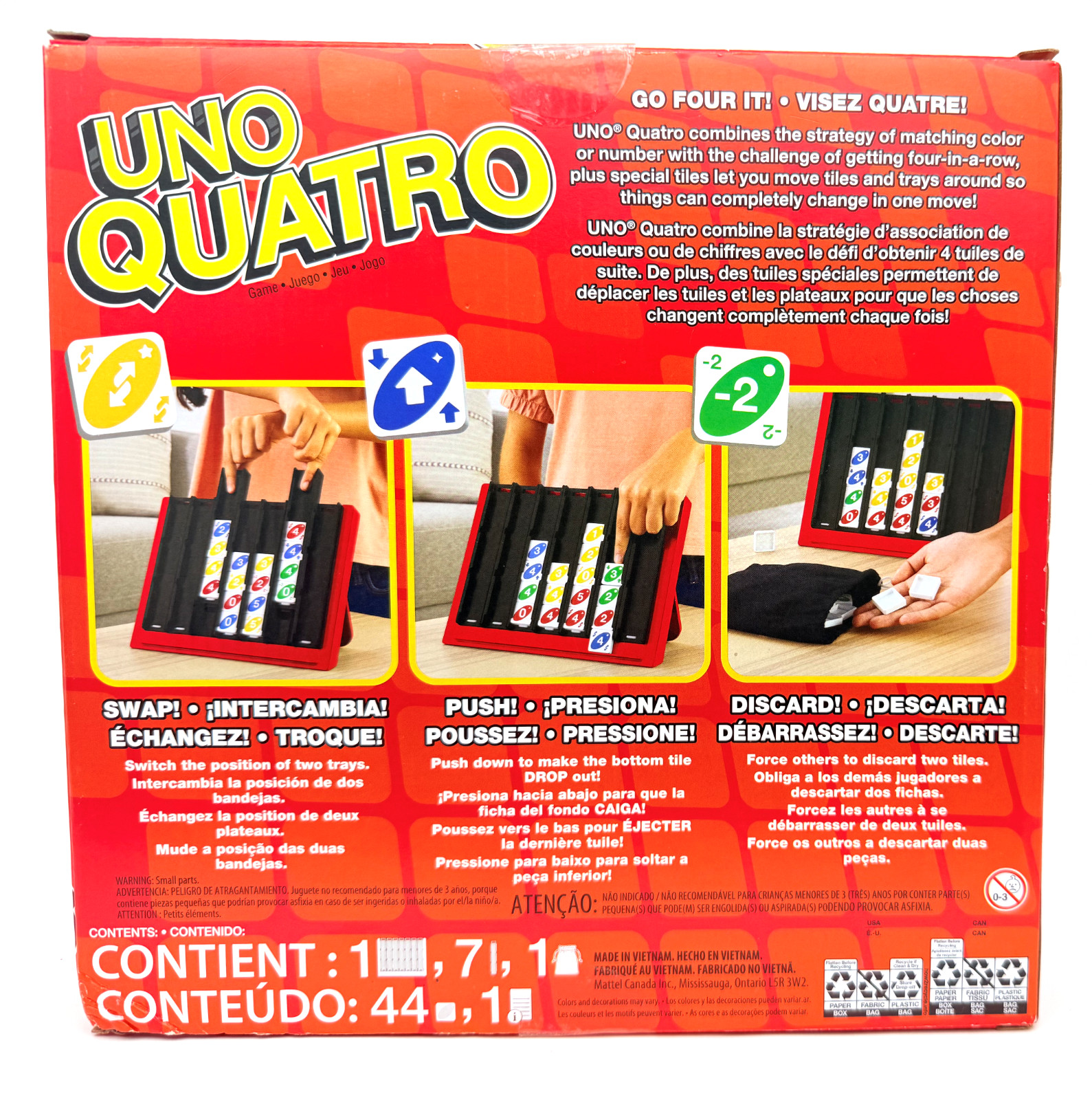 Uno Quatro Game Drop & Swap Family Party Game Board Games Age 7+ Mattel