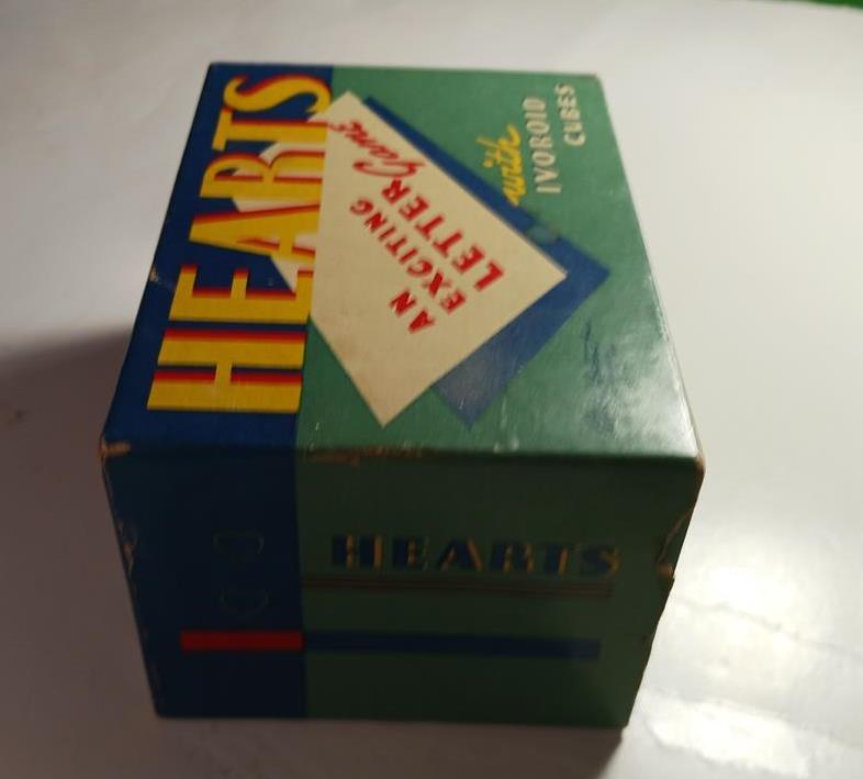 VINTAGE HEARTS LETTER GAME IVOROID CUBES PARKER BROS 1930’S 1940’S COLORFUL BOX