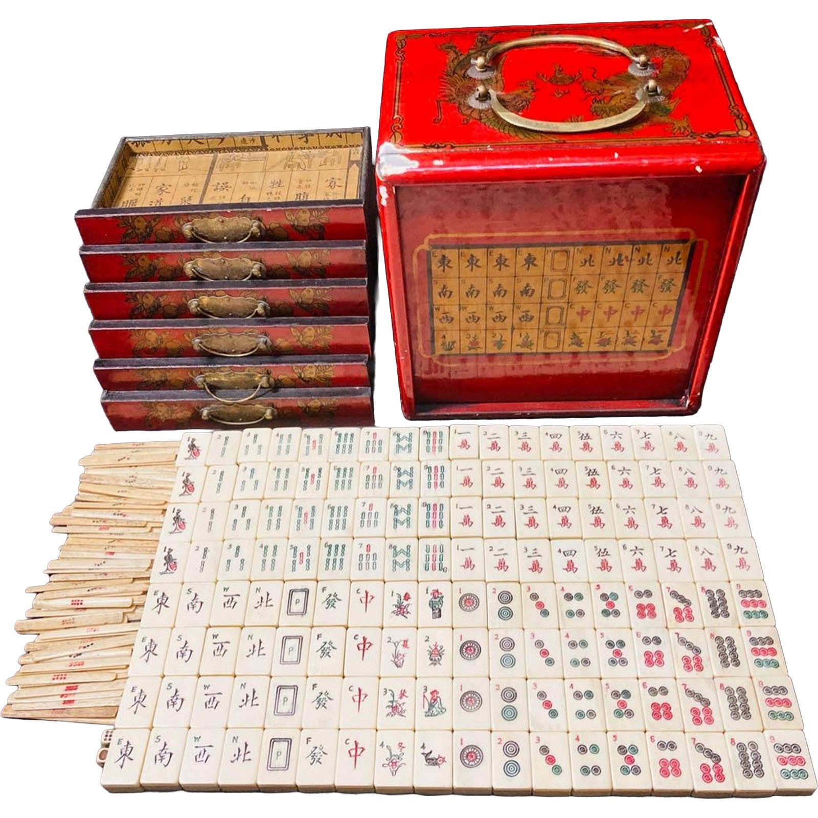 Vtg Chinese Mahjong Bone Bamboo Wooden Case 5 Drawer Tiles Carved Flower Auth