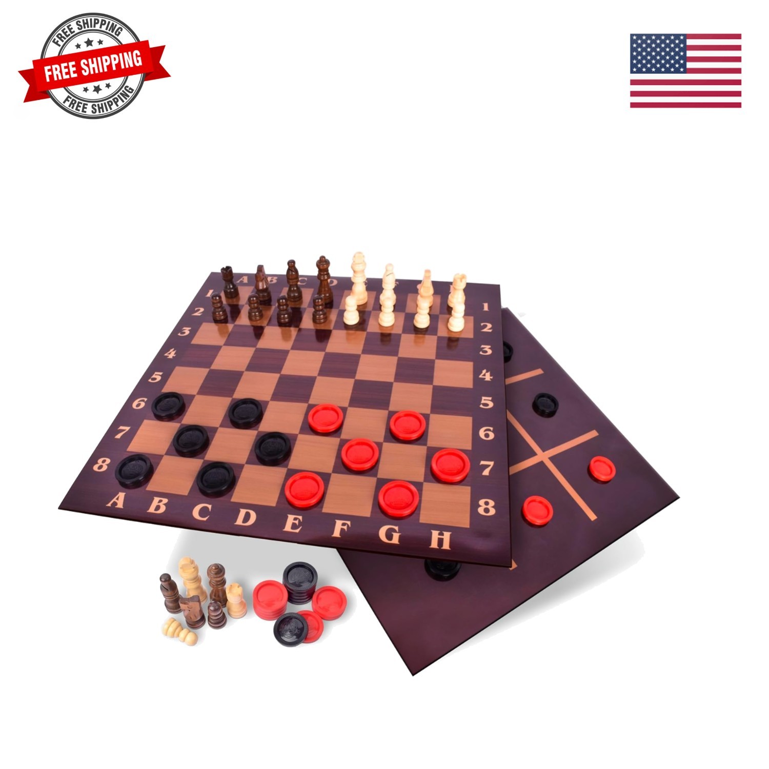 Games 3-in-1 Game Set, Chess, Checkers & Tic Tac Toe with Reversible Board an…