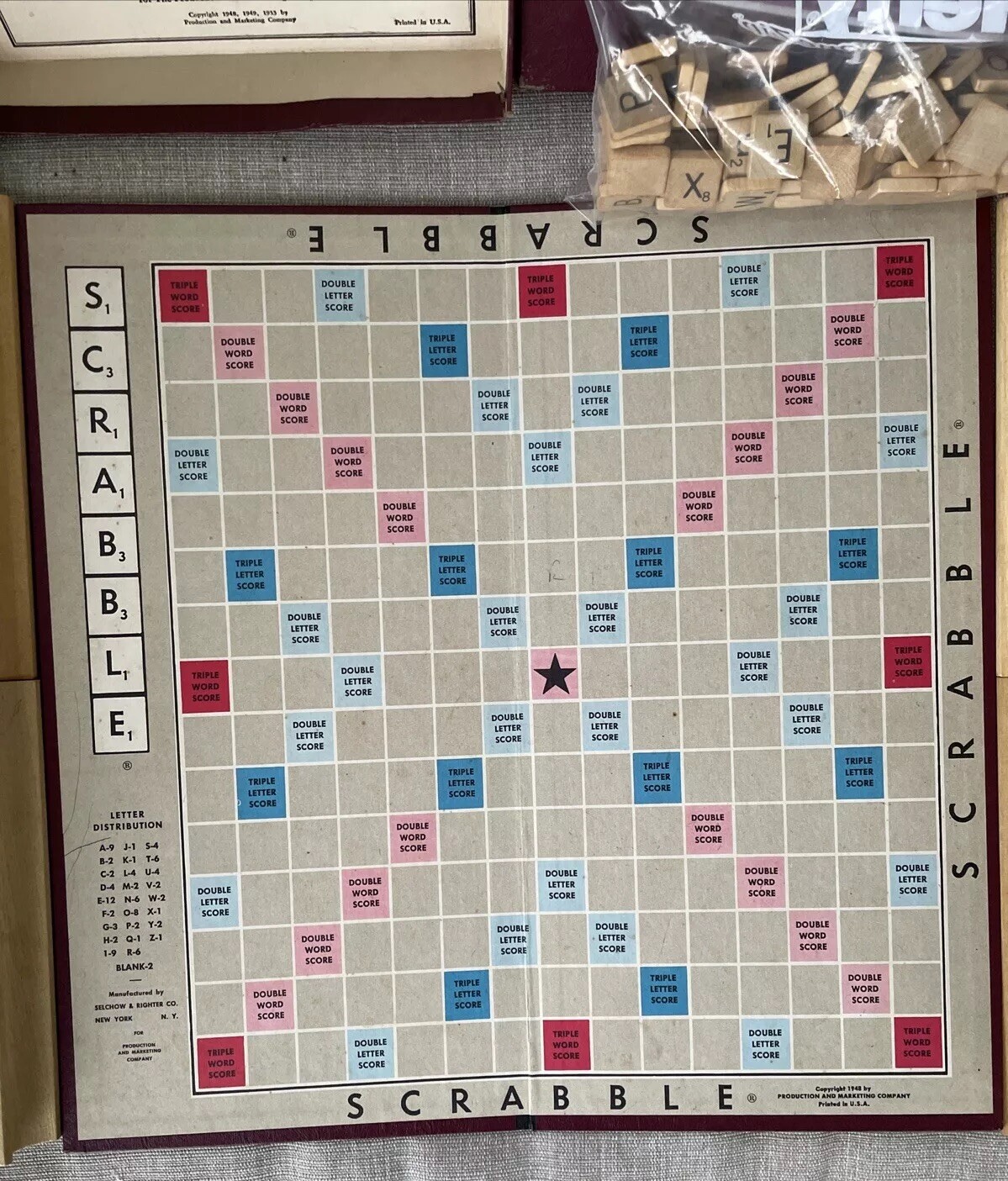 Vntg 1948-1953 SCRABBLE Board Game Selchow & Righter Complete Wood Tiles See Pic
