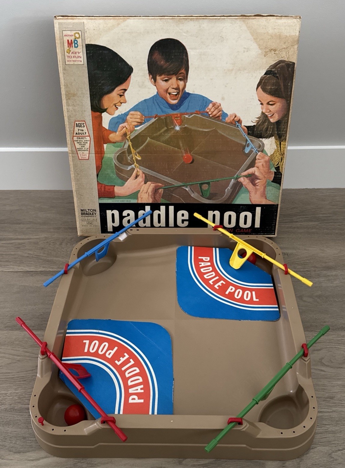 Paddle Pool Milton Bradley Board Action Ball Game Original Box 1970’s Read Below