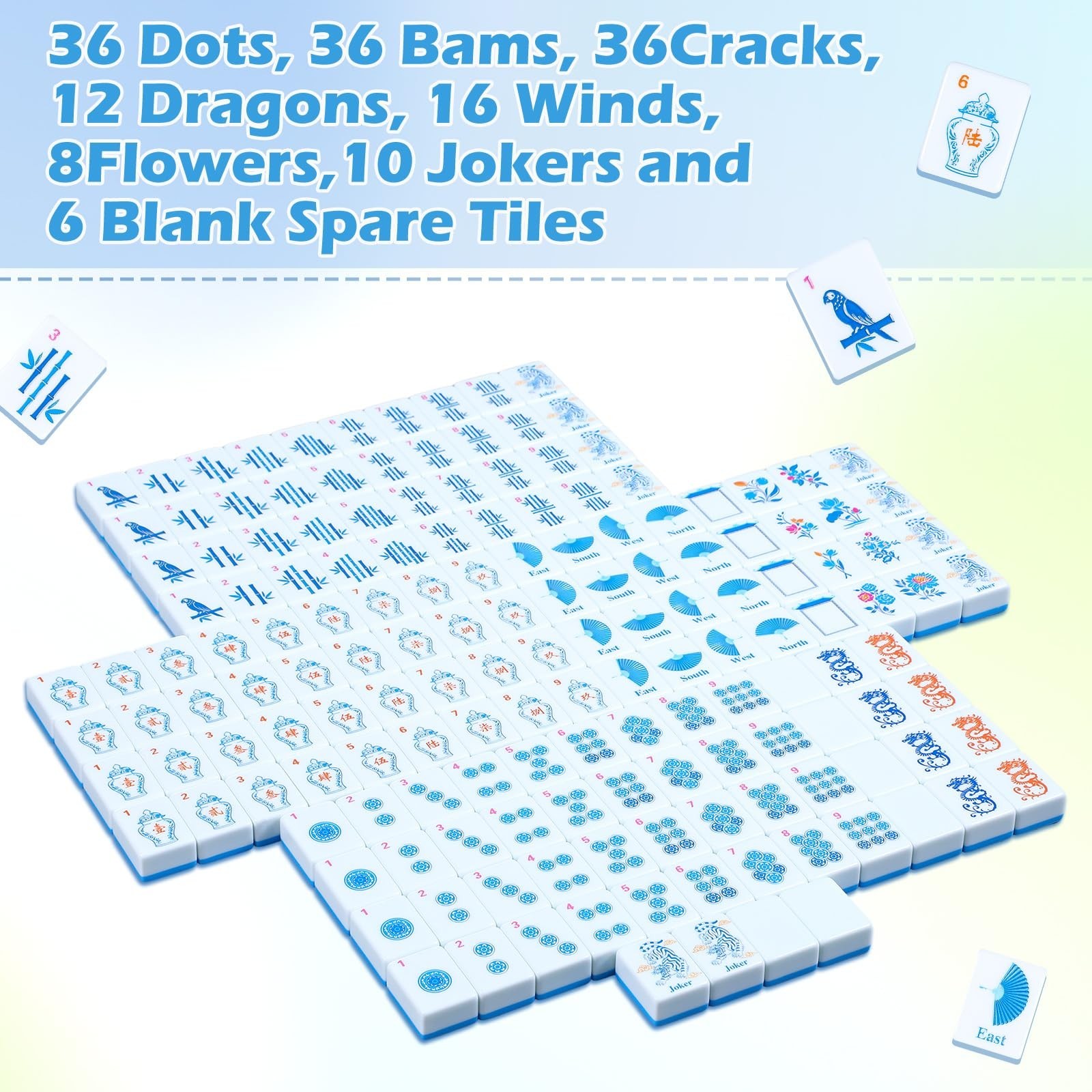 Ceenna 271 Pcs Chinoiserie American Mahjong Tiles Set, 160 Blue Tiles Mah Jon…