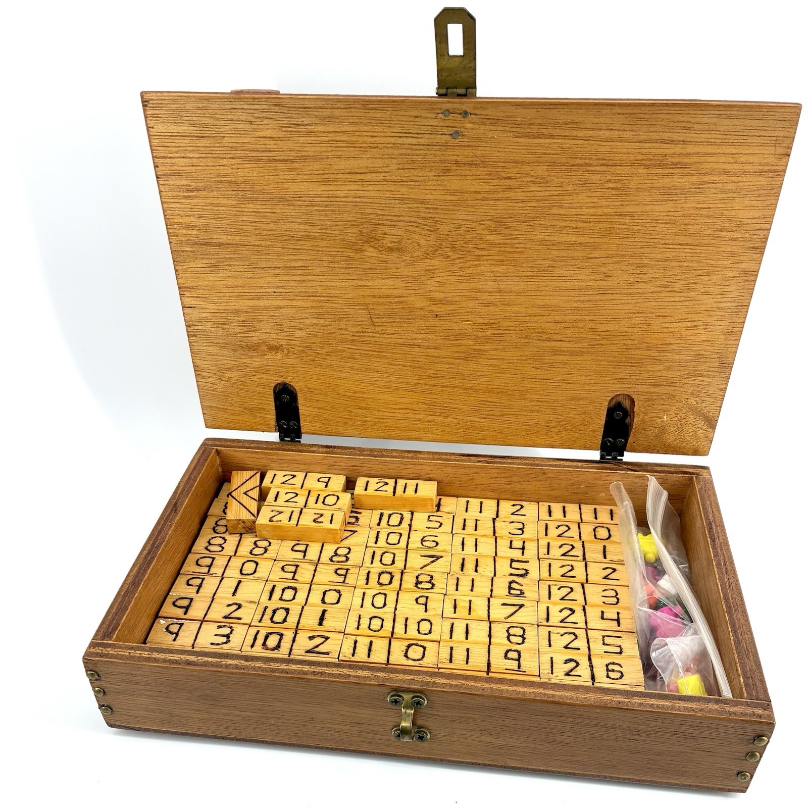 Mexican Train Dominoes Double 12 Wood Chest Hand Burned Tiles 15 Trains (ST)