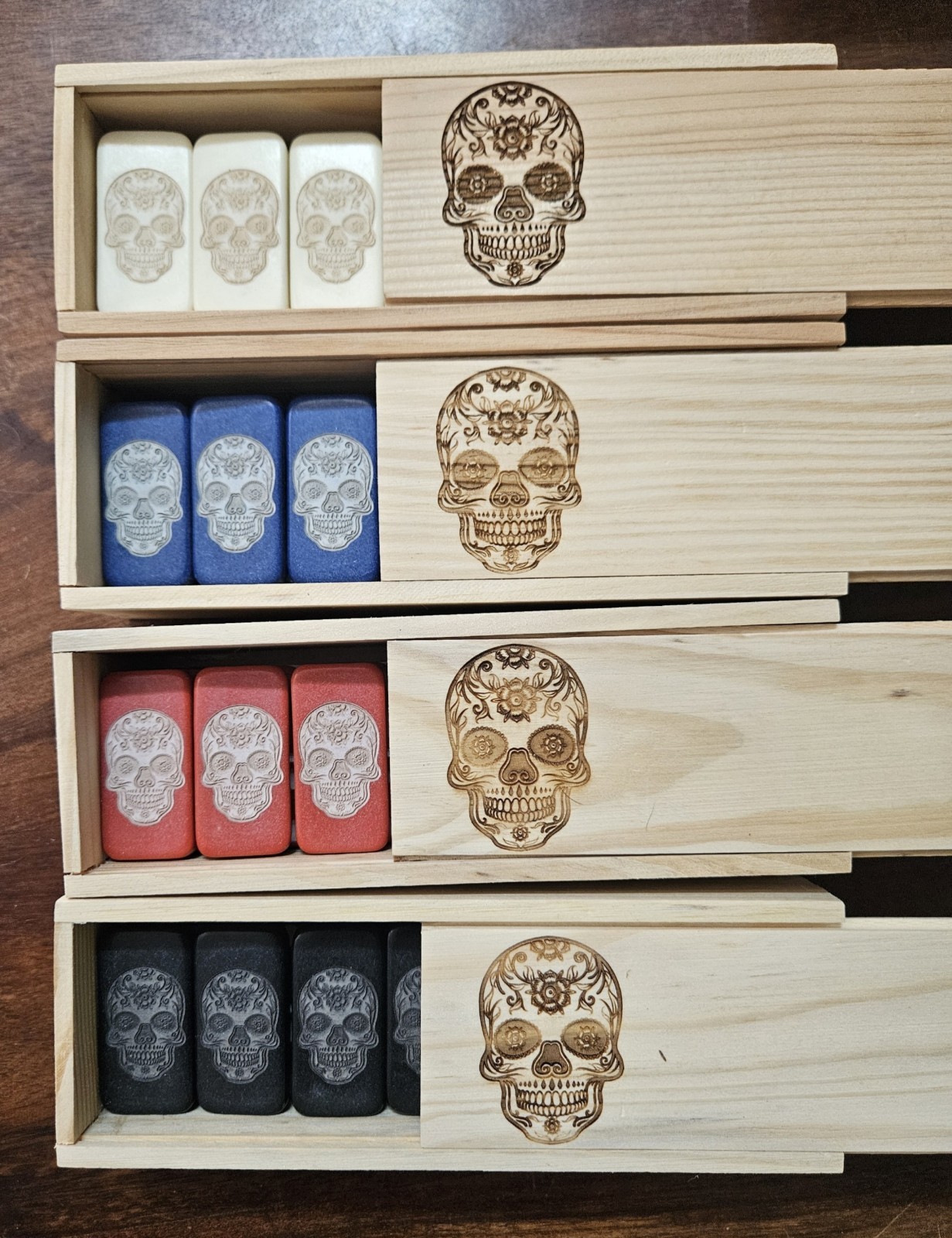 Double 6 Domino Set of SUGAR SKULL Dominoes IVORY, BLUE, RED, or BLACK
