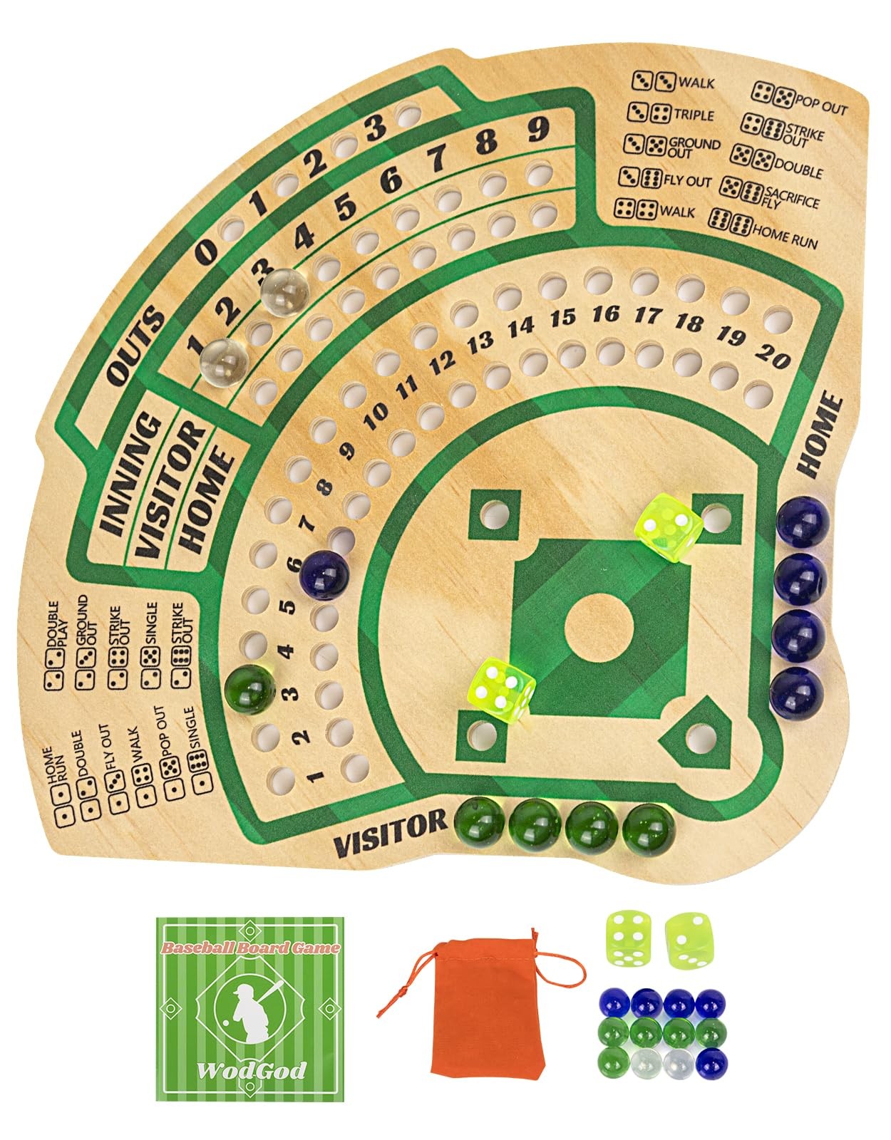 Baseball Board Game,Baseball Dice Board Game,Solid Wood,12 Colourful Beads an…