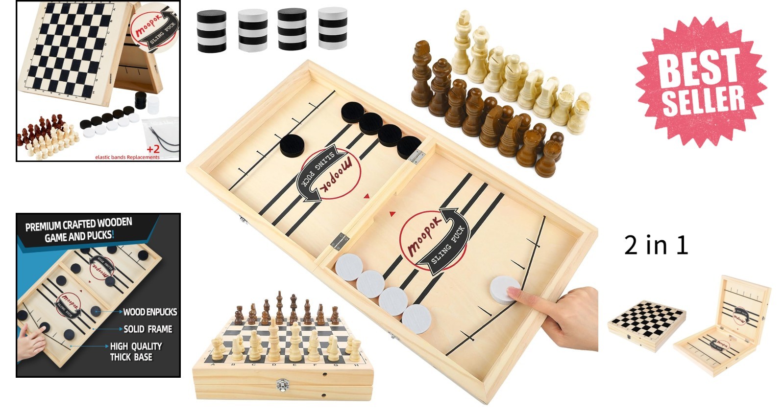 2-in-1 Fast Sling Puck Game & Chess – Wooden Battle Board for Family Fun