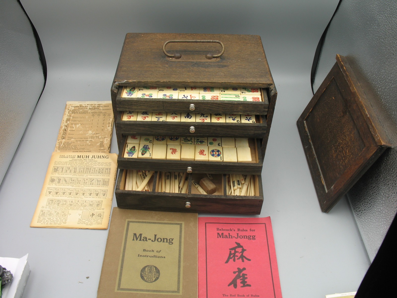 Antique Chinese Mahjong 4 Drawer Wood Box Set Bamboo Bone with Tile Holders
