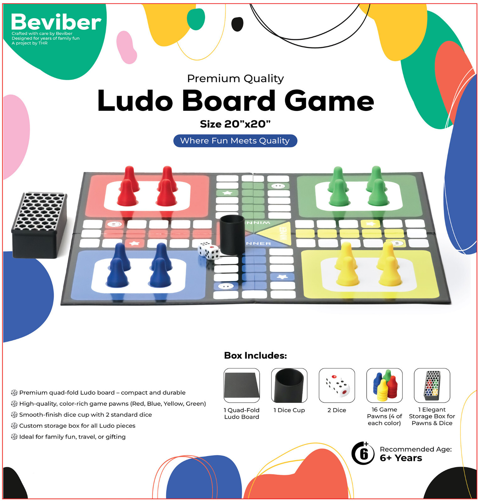 Premium Ludo Board Game Quad-Fold 20″x20″ Size Family Fun