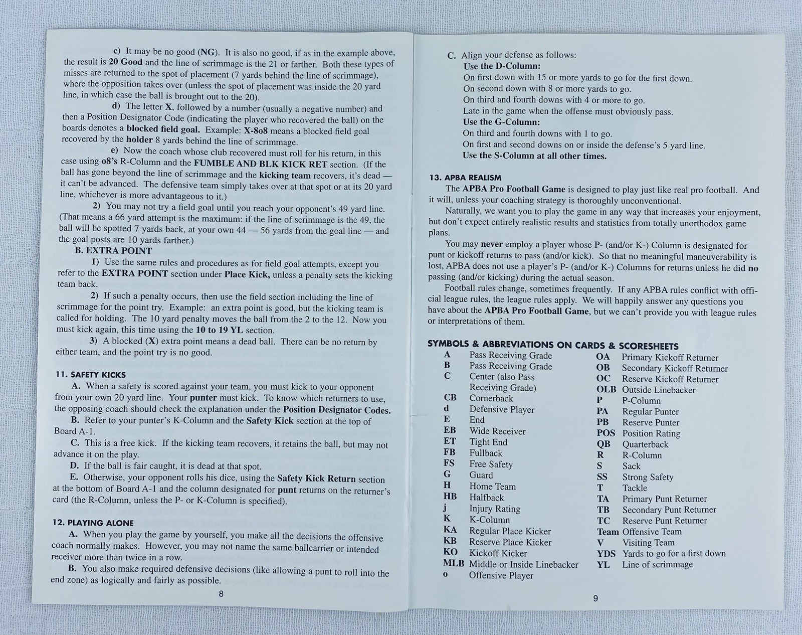 Vintage 1995 APBA Pro Football Board Game INSTRUCTION MANUAL Only