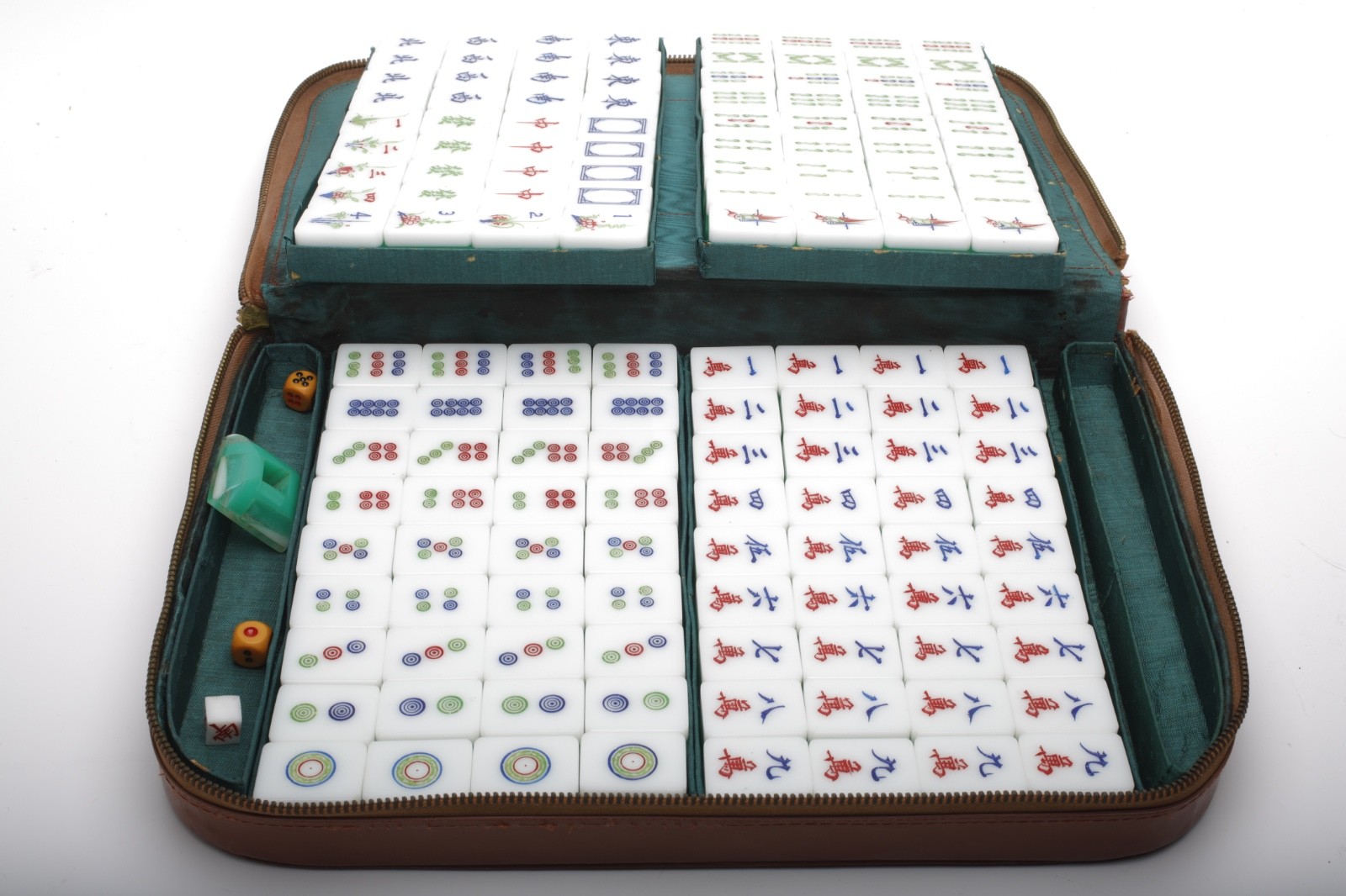 Vintage Chinese Mahjong Green White Tiles Game Set in Leather Case 144 piece