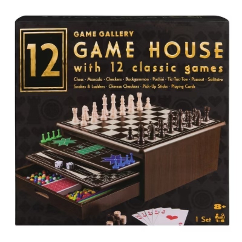 12 Classic Games in Wooden Storage House, Styles May Vary