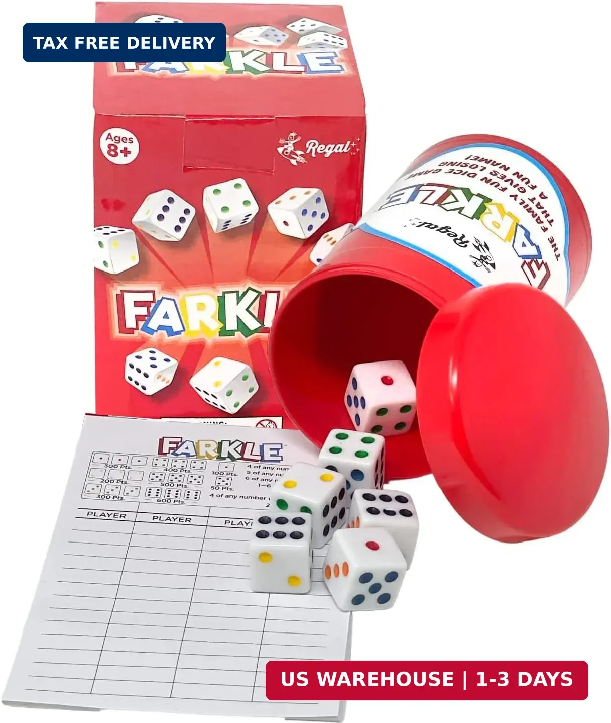 Regal Games – Farkle Classic Dice Game w/ 6 Colored Dice, 1 Convenient Dice Cup