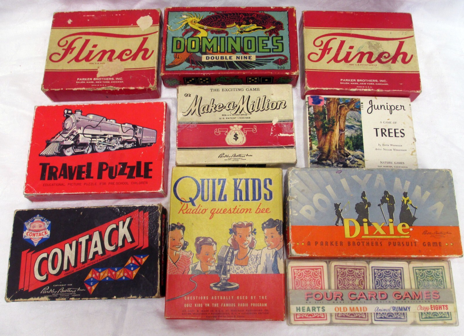 VTG 11 OLD GAMES, POLLYANA, FLINCH, CONTACT, MAKE A MILLON, QUIZ KIDS, DOMINOES