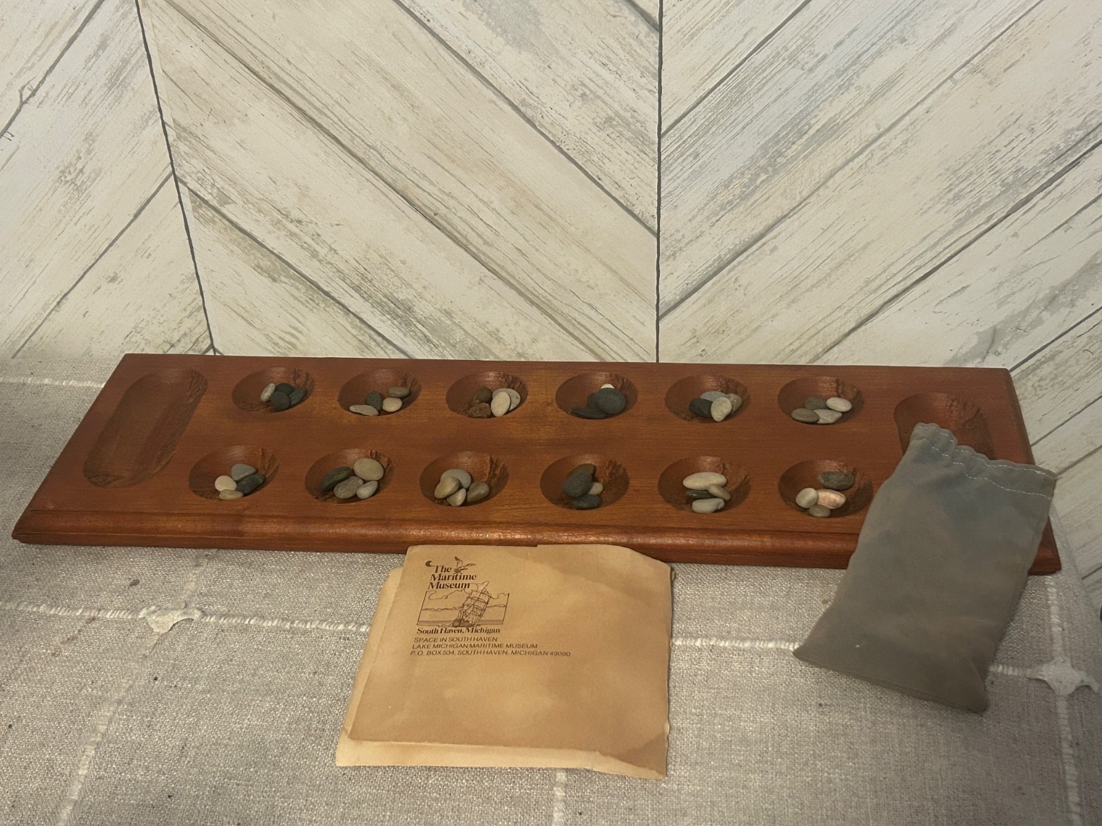 Vintage Handmade Michigan Beach Stone Backgammon Mancala Board Game 17″