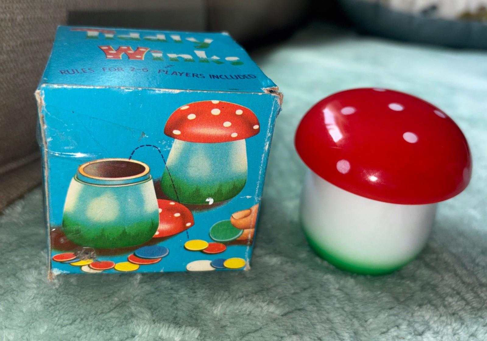 Dan Dee Tiddly Winks Plastic Red Mushroom Game Box Instructions 1969 Hong Kong