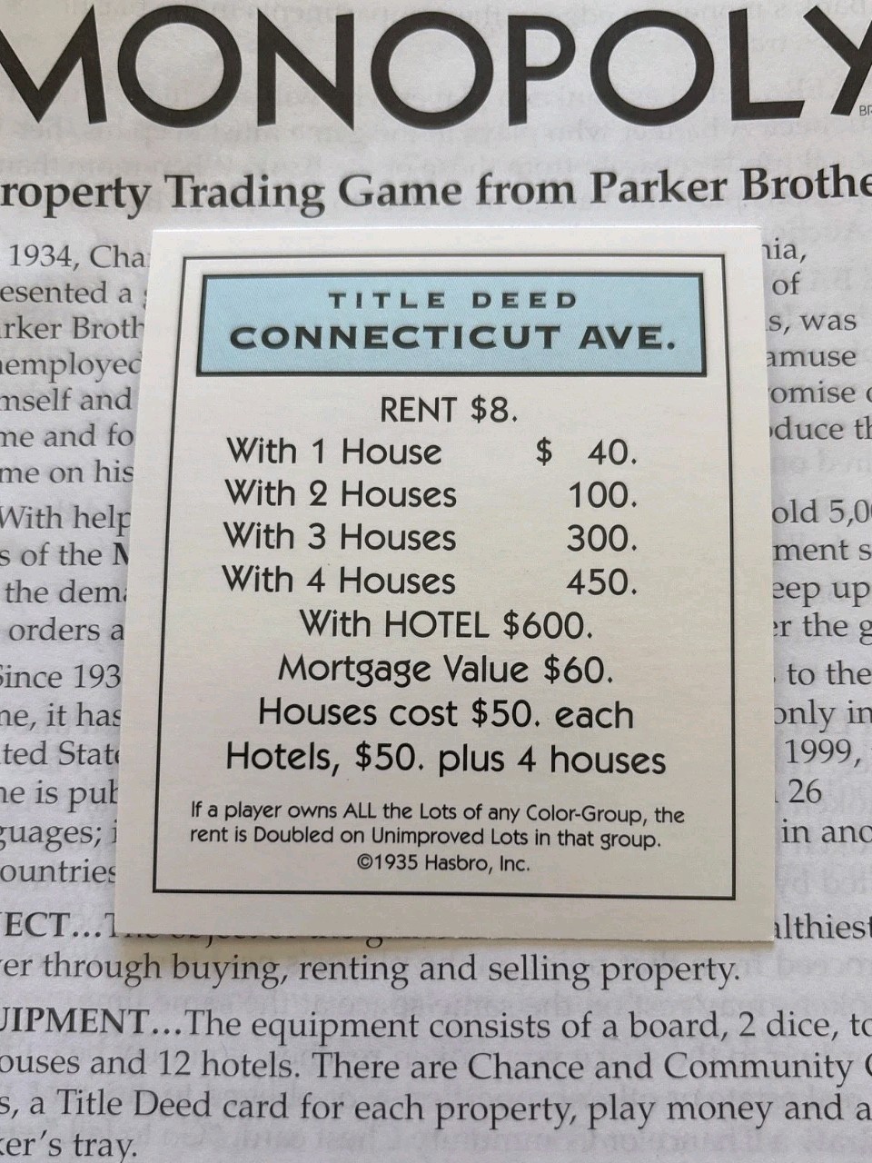 VTG 1999 Monopoly Connecticut Ave Light Blue Title Deed Card Game Piece Part