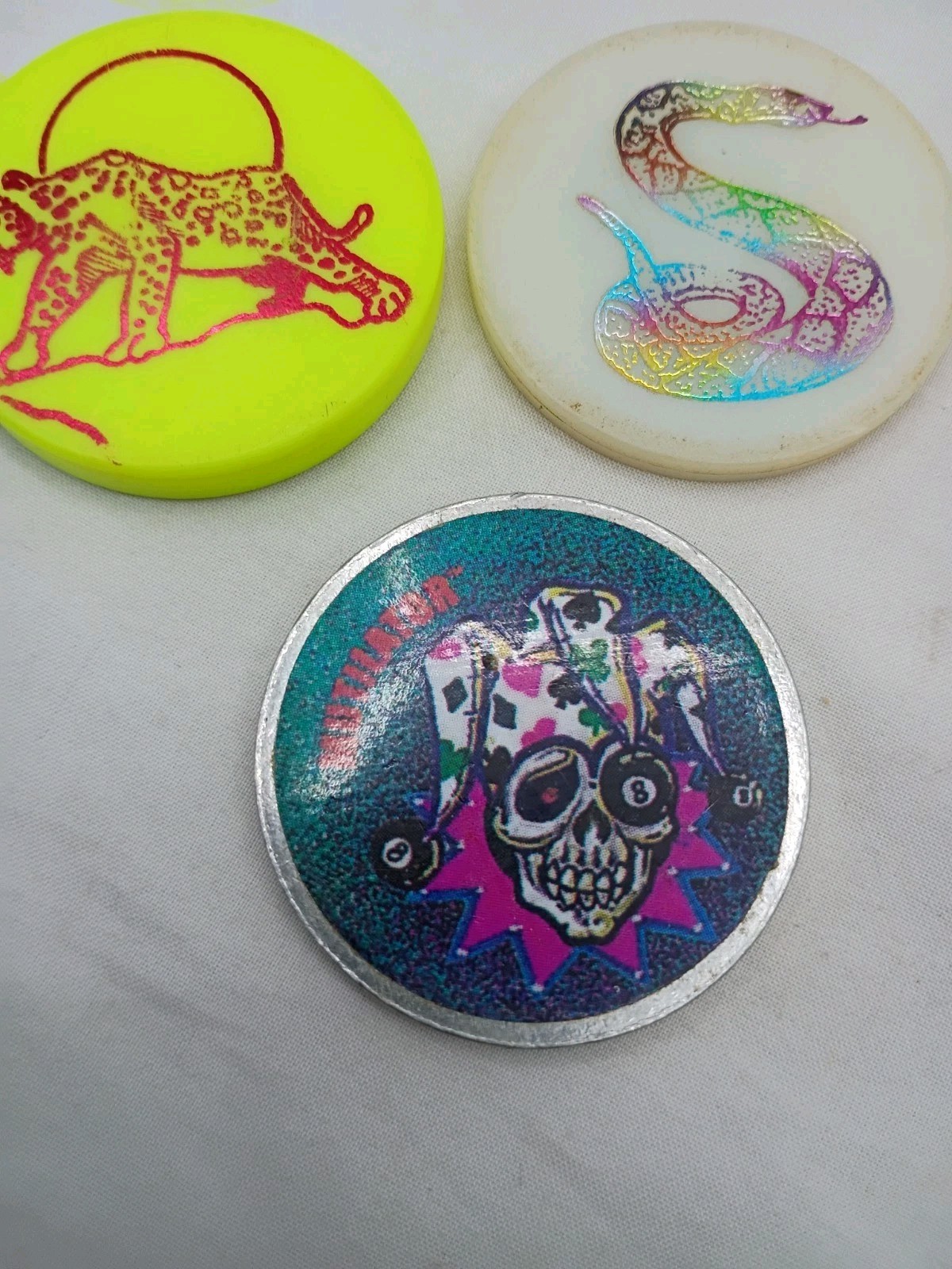 Lot Of 3, Vtg 1990s Pog Slammers, Skull Jester, Cheetah, Holographic Snake