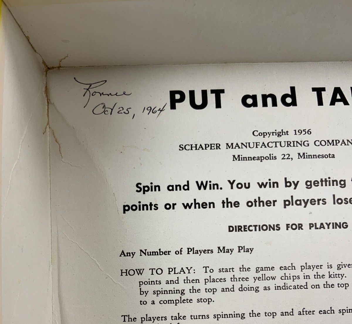 Vintage 1956 Schaper “Put and Take Game” – Item #203 – COMPLETE