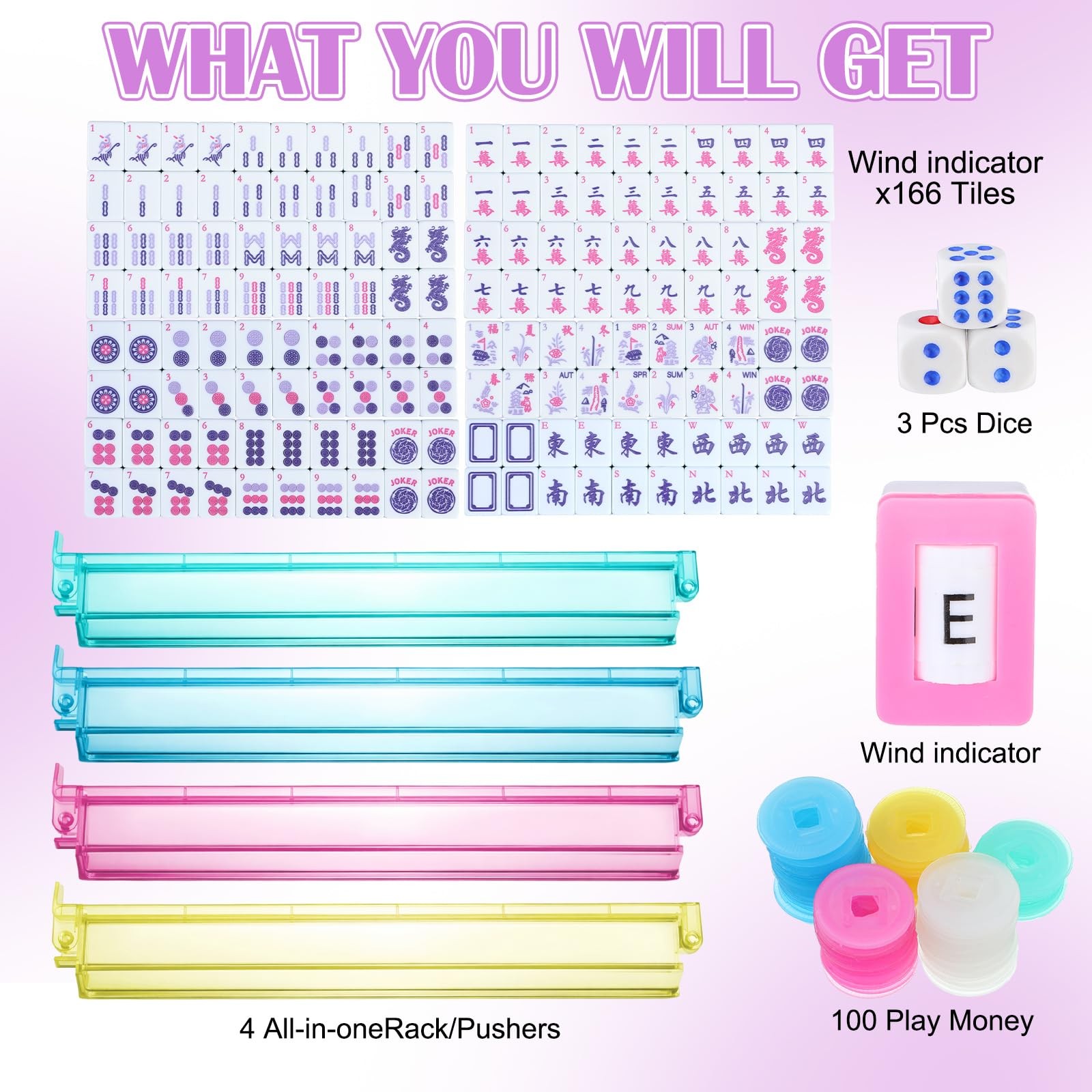Ceenna American Mahjong Tile Set, 166 Tiles, 4 All-in-one Rack/Pushers, Compl…