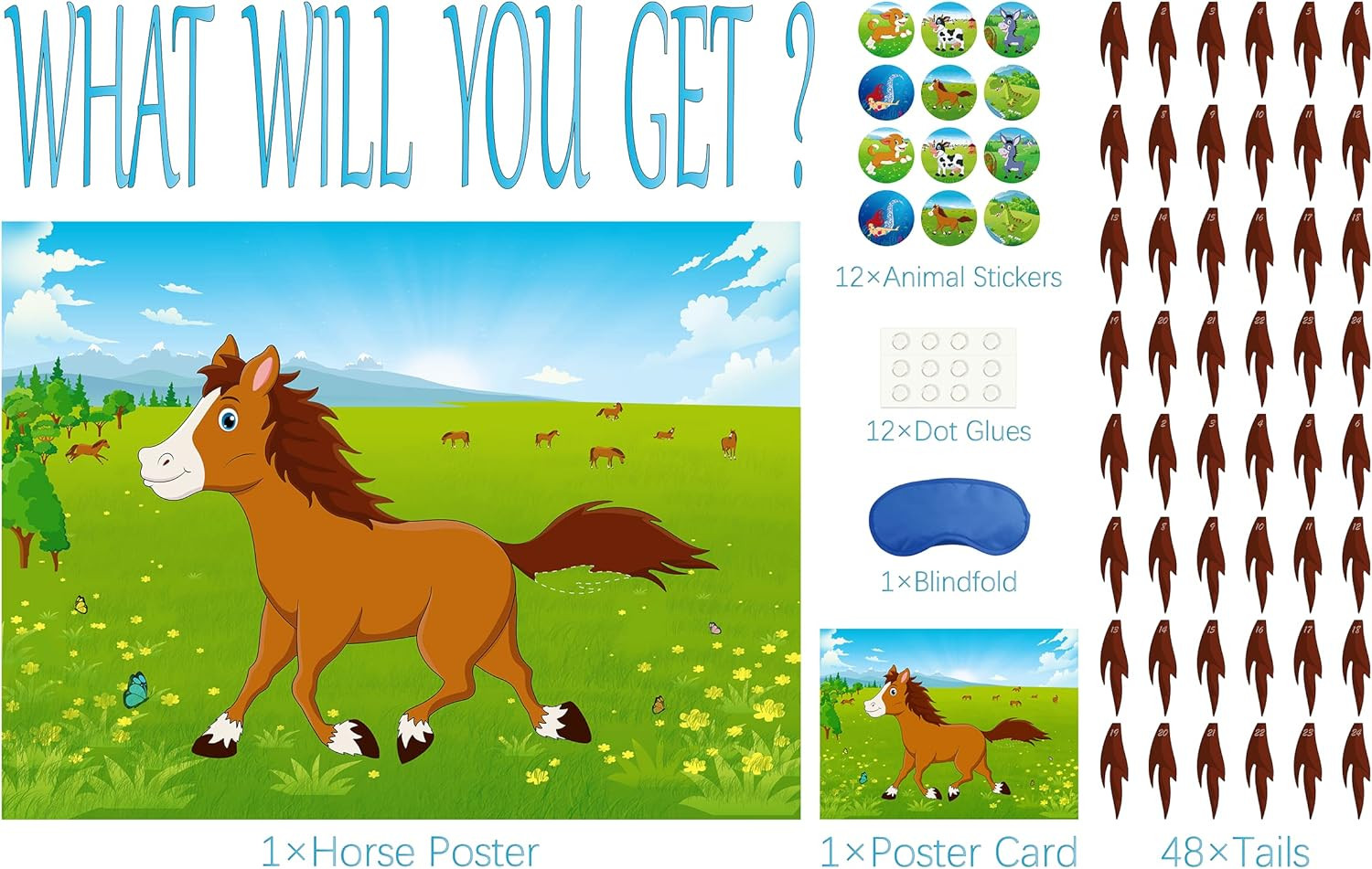 Pin The Tail on The Horse Birthday Game with 48pcs Tails for Kids Farm Birthd…