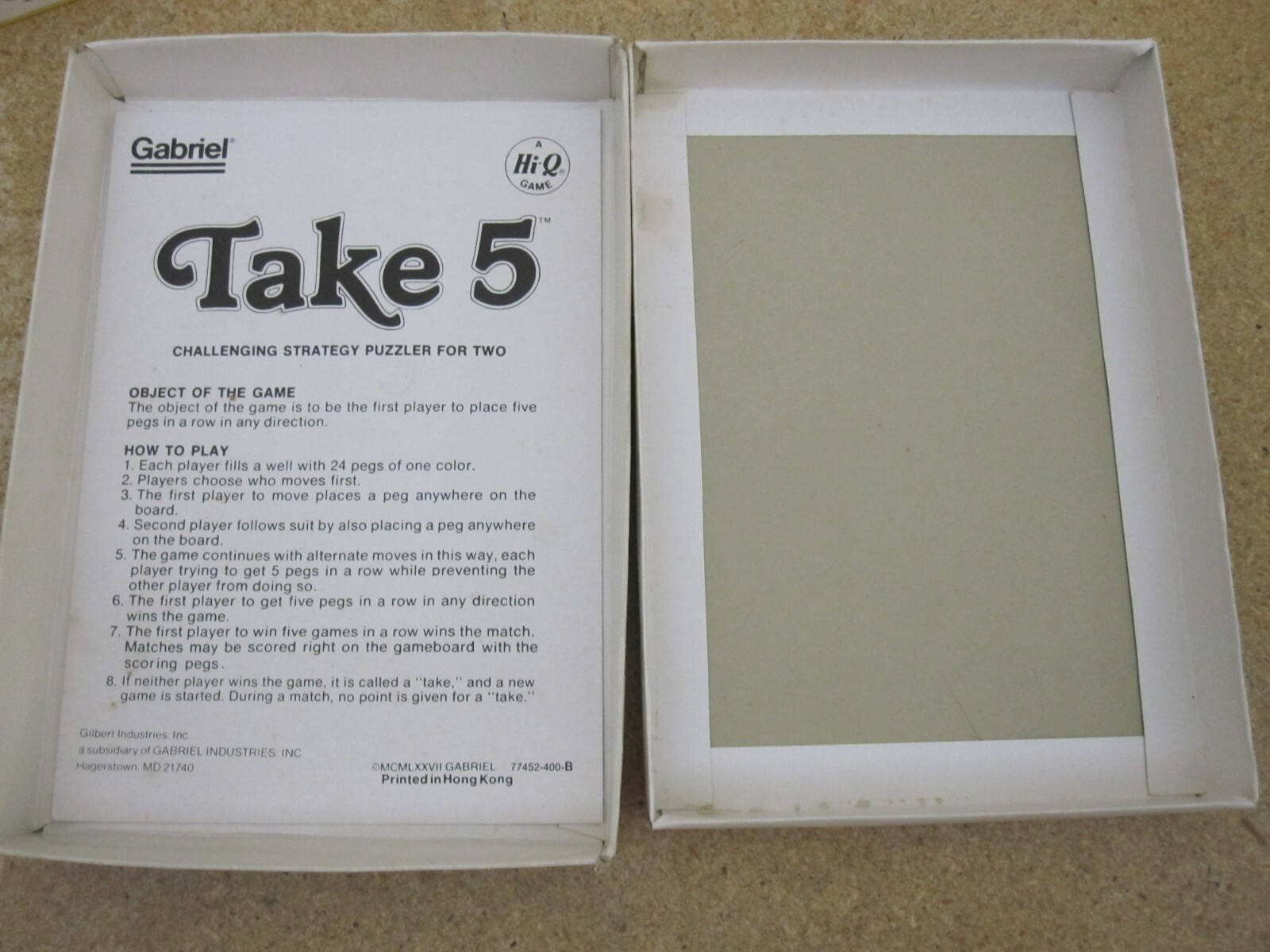 TAKE 5 by Gabriel Strategy Game Hi-Q Puzzle Vintage 1977 with Instructions
