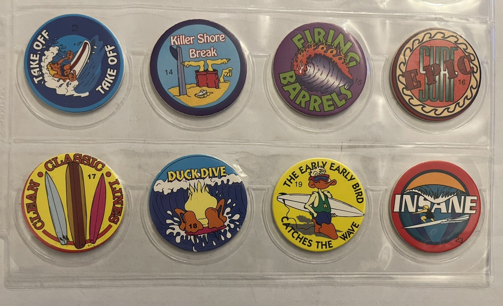 Vintage 90s Pog Milk Caps Lot of 28 SURF THEME Collectible Game + 2 Pages