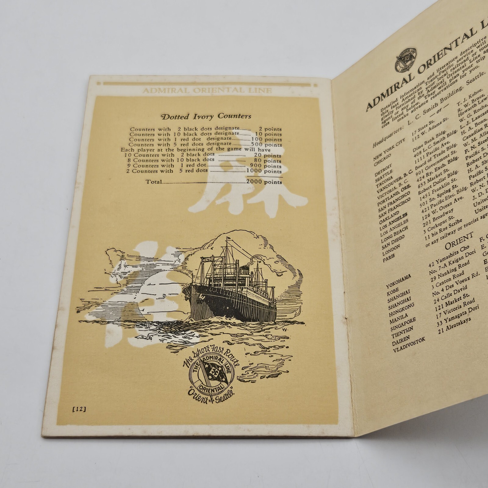 1923 Admiral Oriental Line Ma – Chiong /Mah Jong Rule Book Boston Seatle Orient