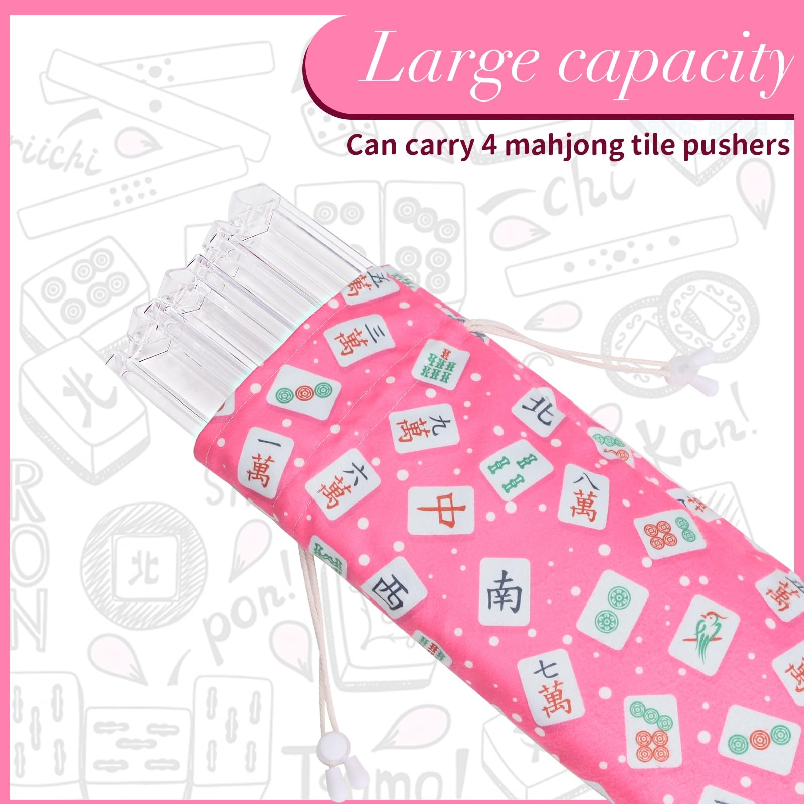 Mahjong Rack Bag, Velvet Drawstring Storage Pouch with Mahjong Print, Fits 4 .