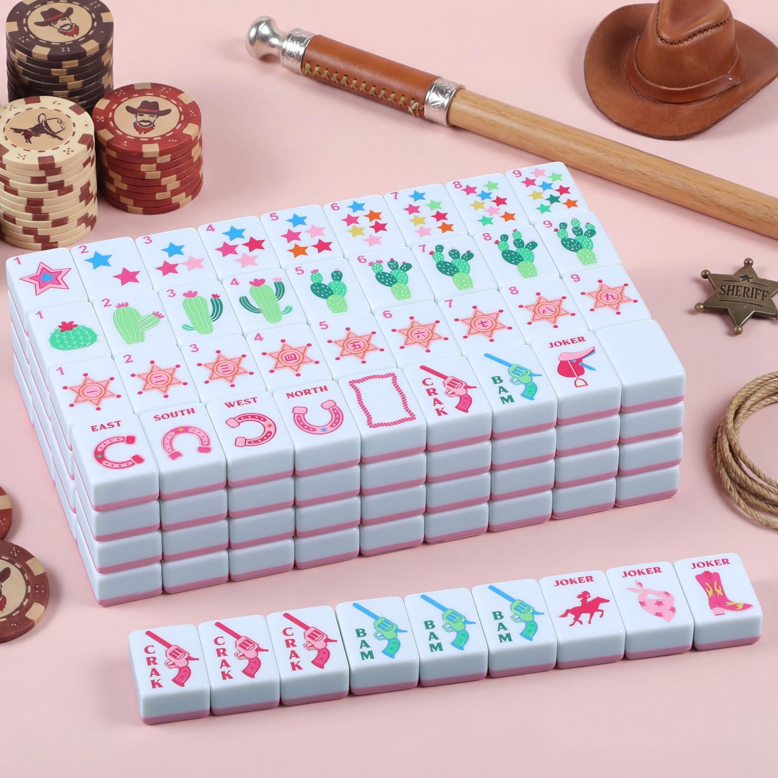 Arrowbash 160 Pcs Pink Cowgirl American Mahjong Set, 1.2 x 0.87 Inches Wester…