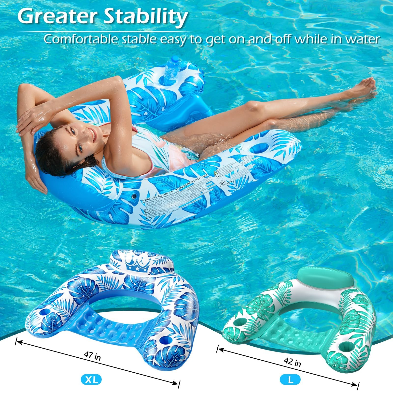 Inflatable Pool Float Chair 2Pack Lounge Floats Cup Holder Blue Green XL BG-XL
