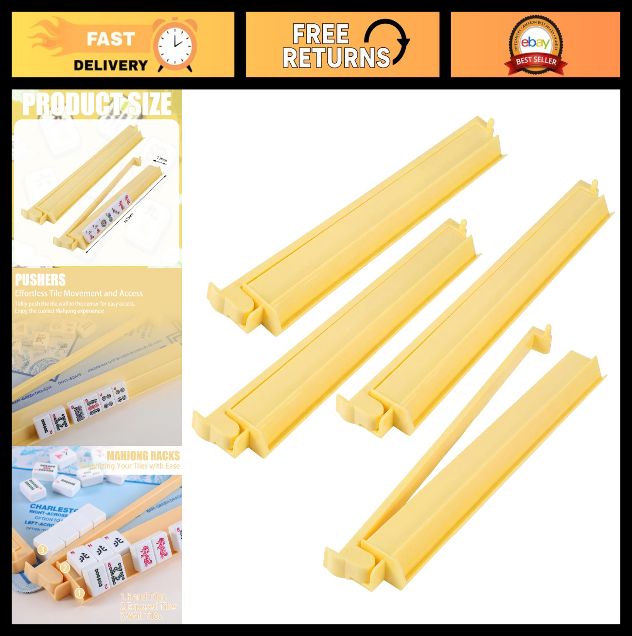 4 Pcs 18.7″ Creamy Yellow Acrylic Mahjong Tile Racks & Pushers – Game Night Set