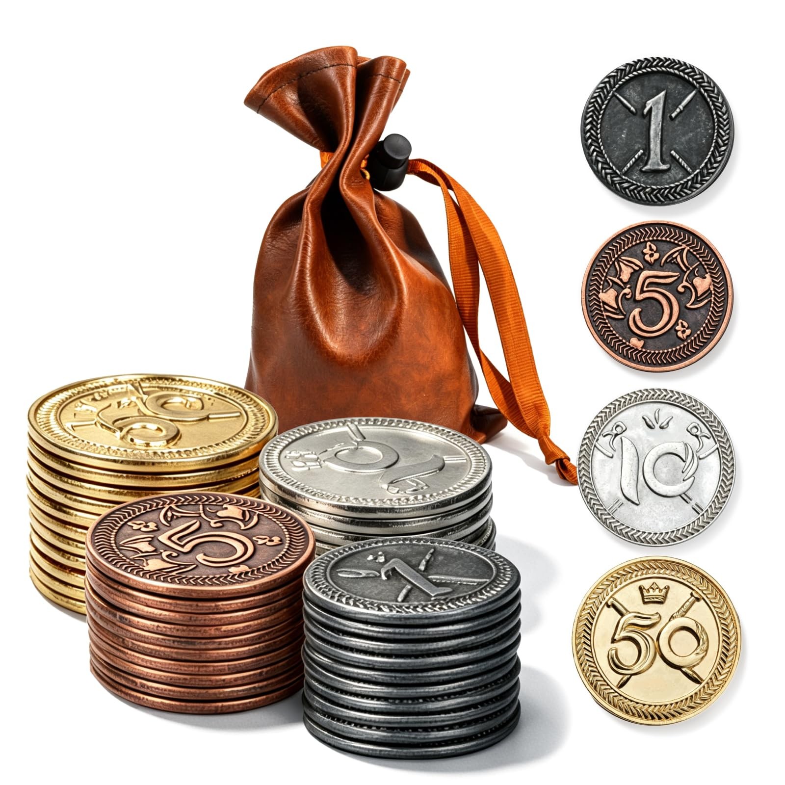 Metal Coin Set with Leather Organizer for Board Games, Dragons and Dungeons, …