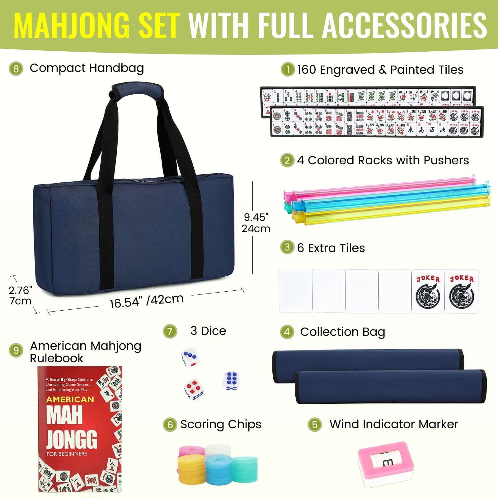 Mahjong Tile Set 166 Tiles 4 Colors Racks Travel Set with Blue Carrying Bag