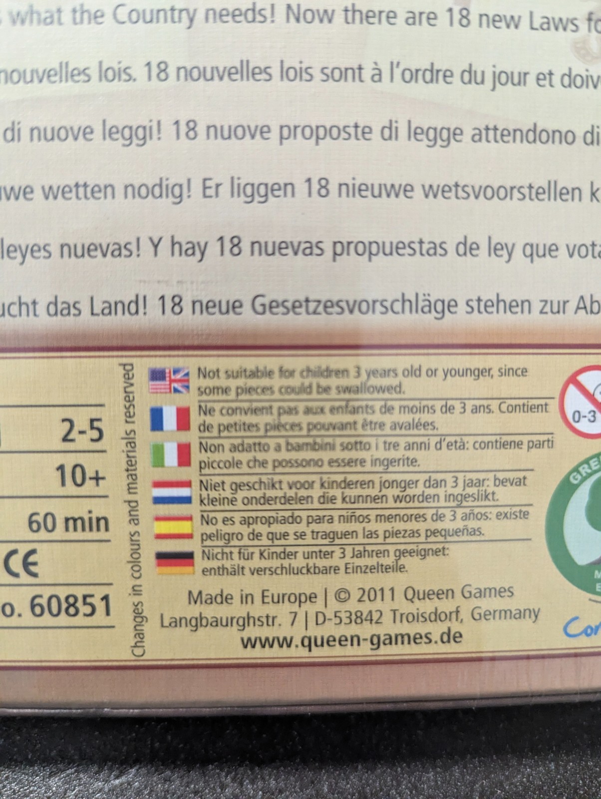 LANCASTER THE NEW LAWS First Expansion SEALED 2011 Queen Games BASE GAME NEEDED