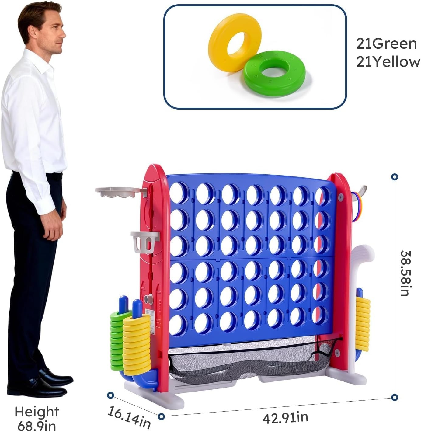 Jumbo 4 in a Row Game, Height Adjustable(2.7-3.2 Ft) Outdoor Indoor Connect 4 W/