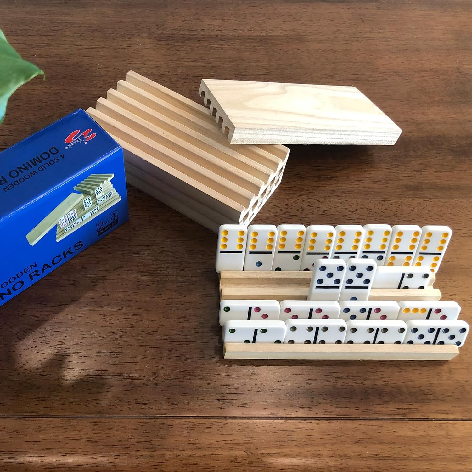 Yuanhe Domino Holder Trays Rack – Set of 4 Wooden Tiles Stand Holders for Mexica