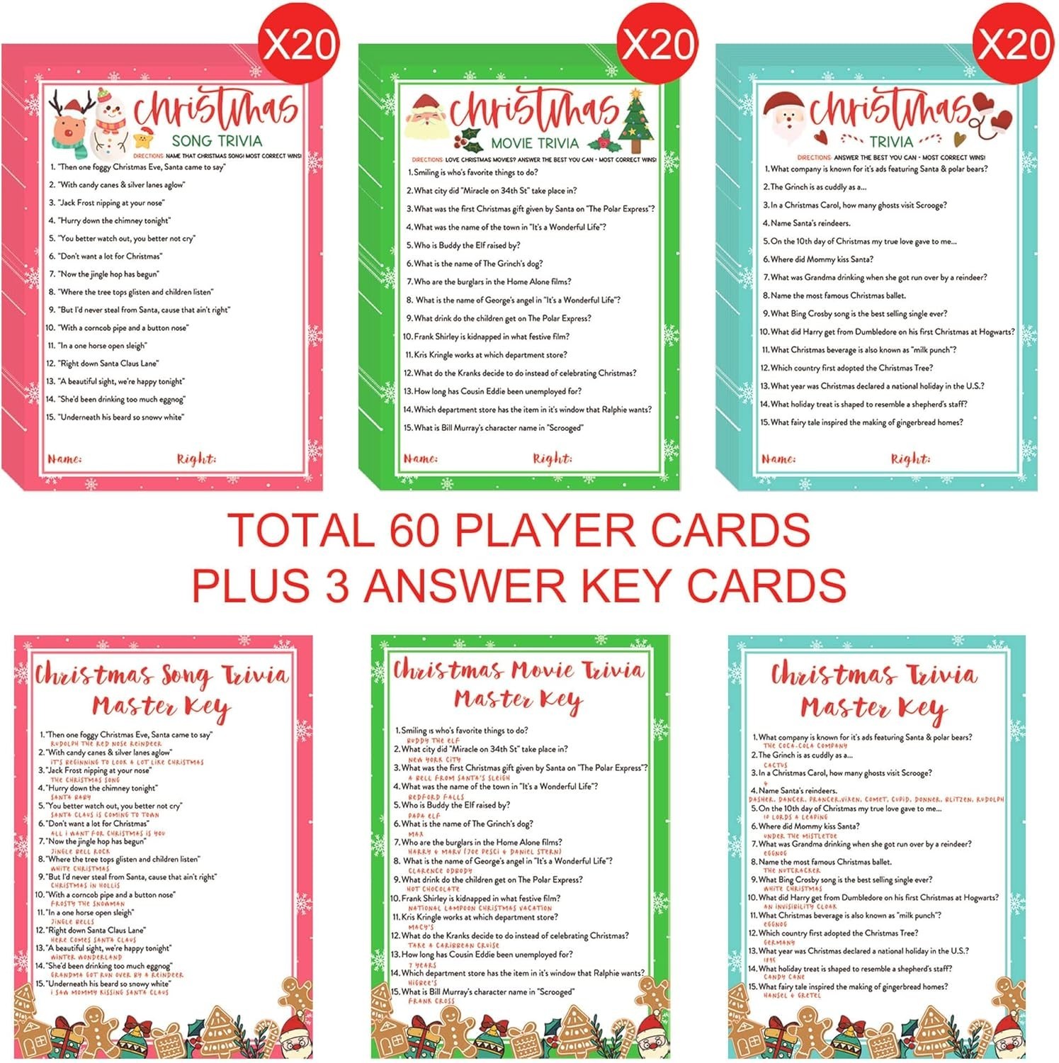 Christmas Trivia Game Cards 63 Pcs Guessing Activity 3 Themes
