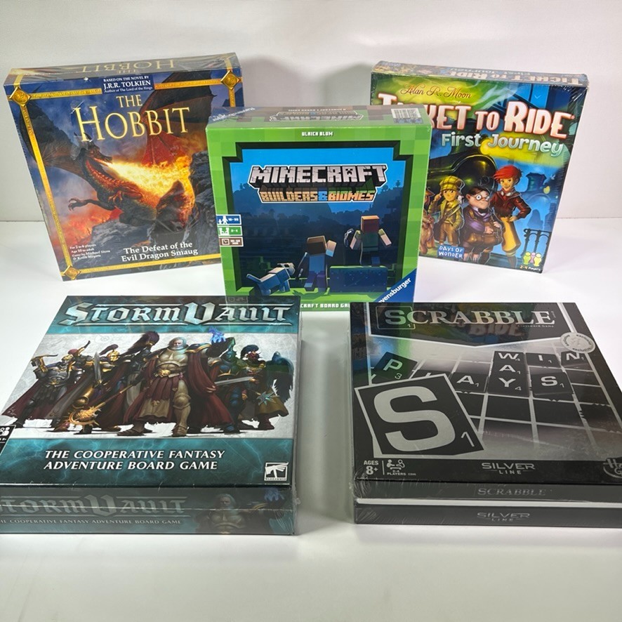 The Hobbit, Minecraft, Storm Vault, Scrabble, Ticket To Ride Board Game Lot (5x)