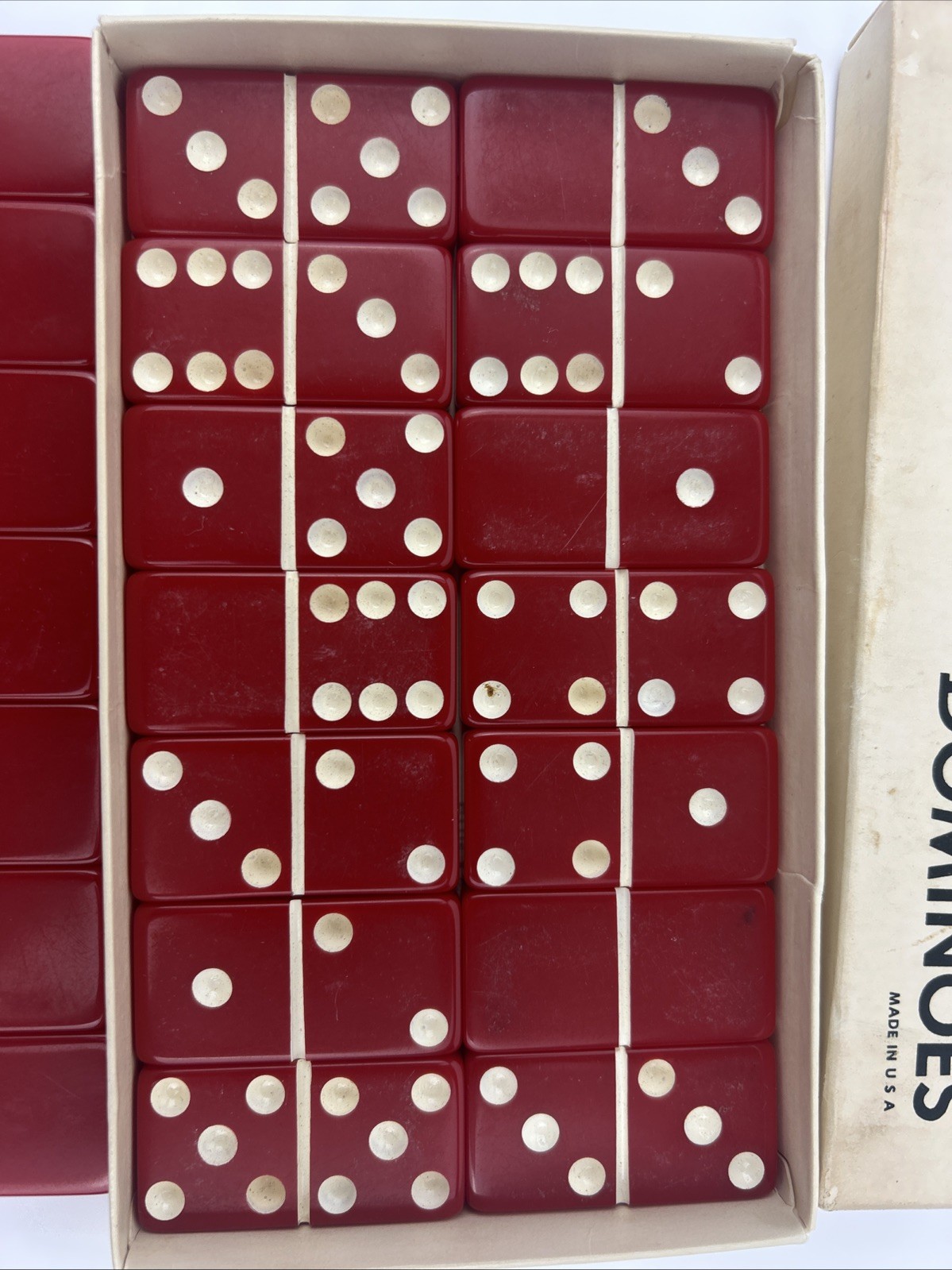 Vintage No. 616 Standard Marblelike Red 28 Dominoes Set Complete In Original Box
