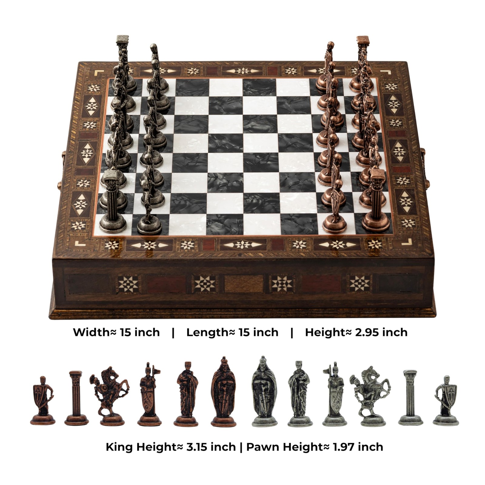 Wooden Chess Set 15 Inch Handmade British Army Metal Pieces Black Luxury Storage