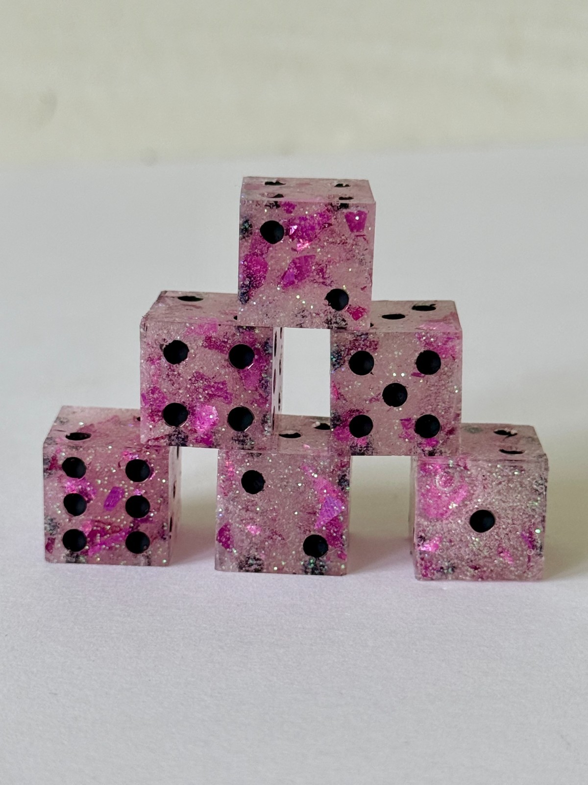 Resin Dice Set 6pcs – Pink Foil Black Dots – Handmade Replacement Dice Games