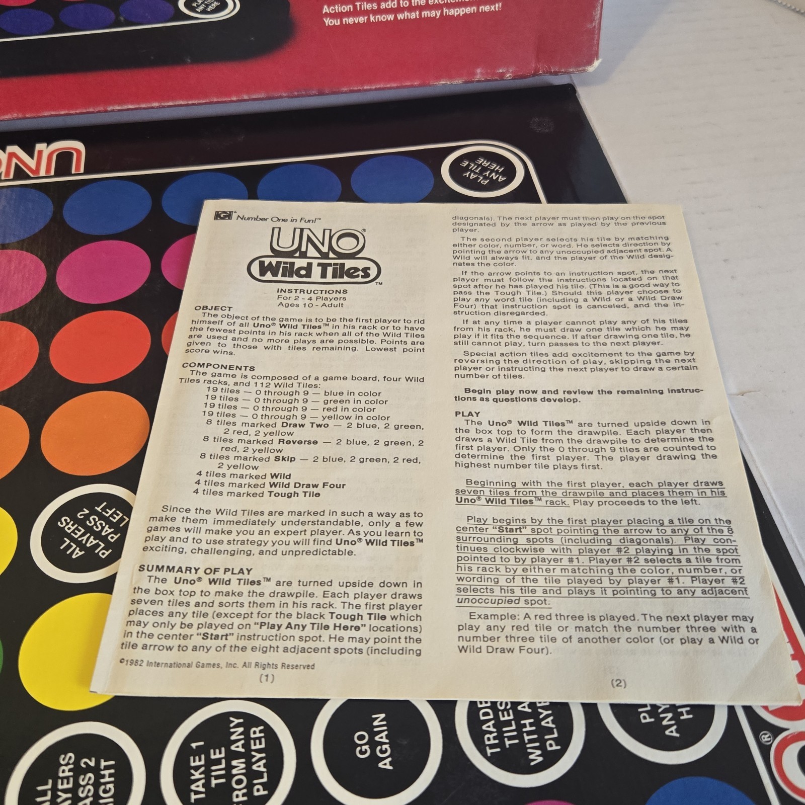 1982 UNO Wild Tiles Board Game **100% COMPLETE**