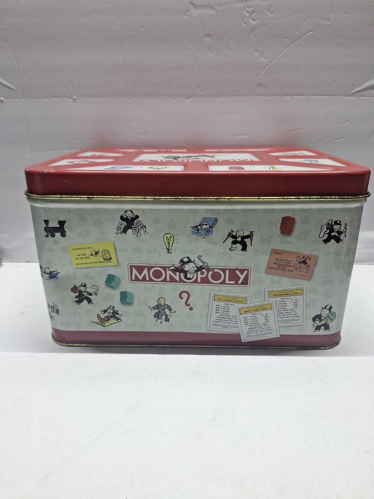1998 Extremely RARE Hasbro Monopoly Popcorn Tin Toy Chest Vintage 13x9x7 1/2″