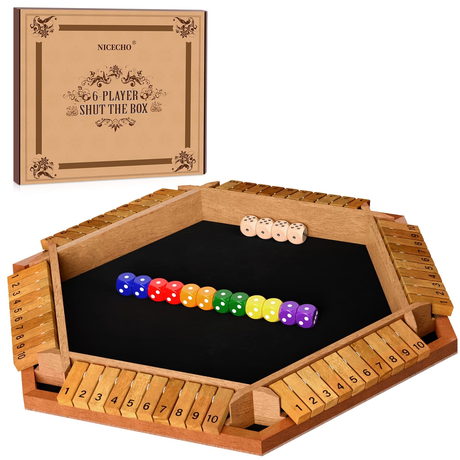 Nicecho 2-6 Players Shut The Box Dice Game, Wooden Board Table Math Game with…