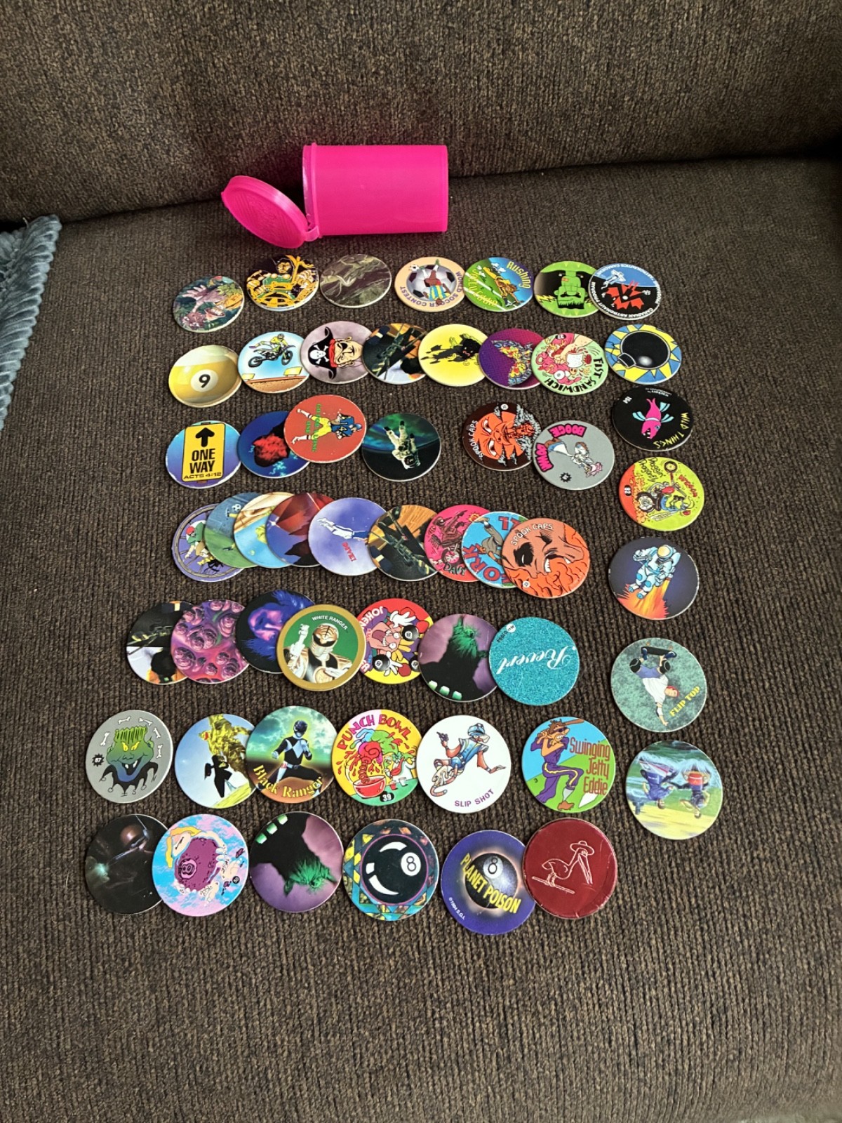 VINTAGE POGS miscellaneous with CONTAINTER TO STORE THEM