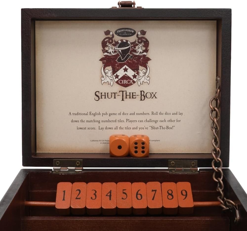 Front Porch Classics, Circa Shut the Box, Wooden 9 Number Dice Game with Case fo
