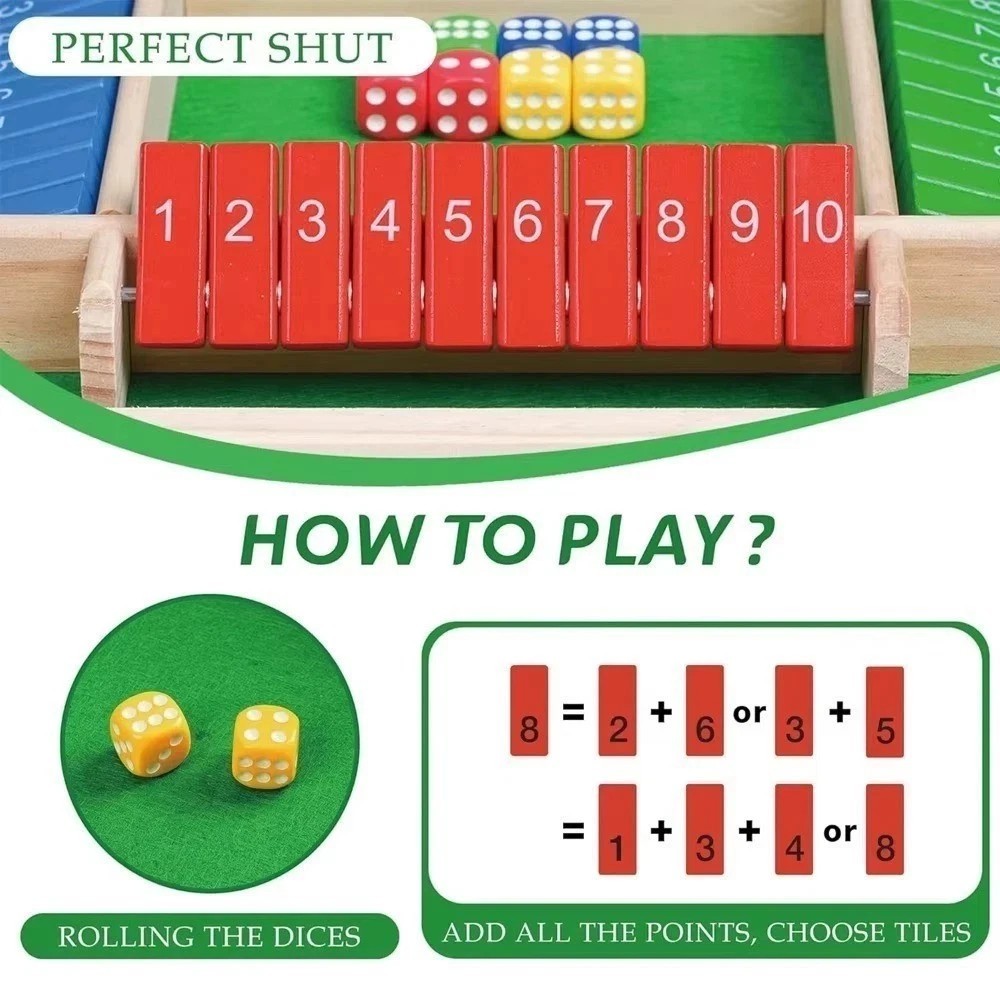 Wooden Dice Board Game Shut The Box for 4 Players Flaps & Dices Game Parent-chi*